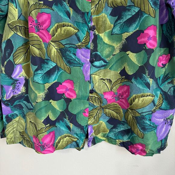Vintage Women's Silk Shirt Large Floral Button Down Tropical Shoulder Pads 80s - Picture 6 of 10